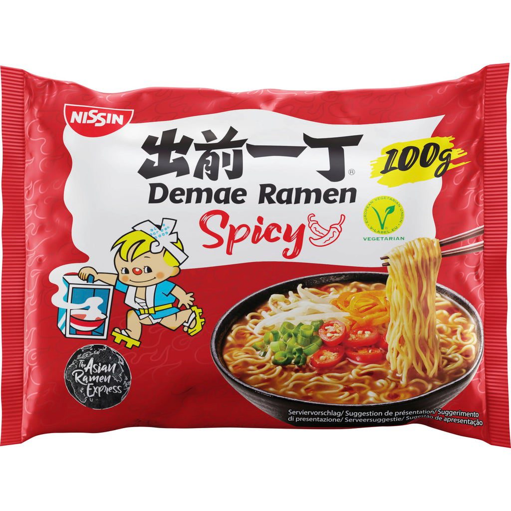 Demae Ramen Spicy NISSIN Instant Noodles with Hot Asian Cayenne Broth 100 g